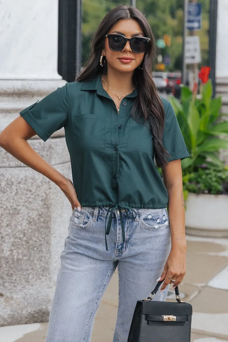 Forest Green Short Sleeve Button Down Top