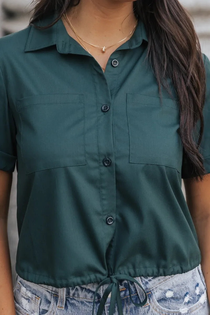 Forest Green Short Sleeve Button Down Top