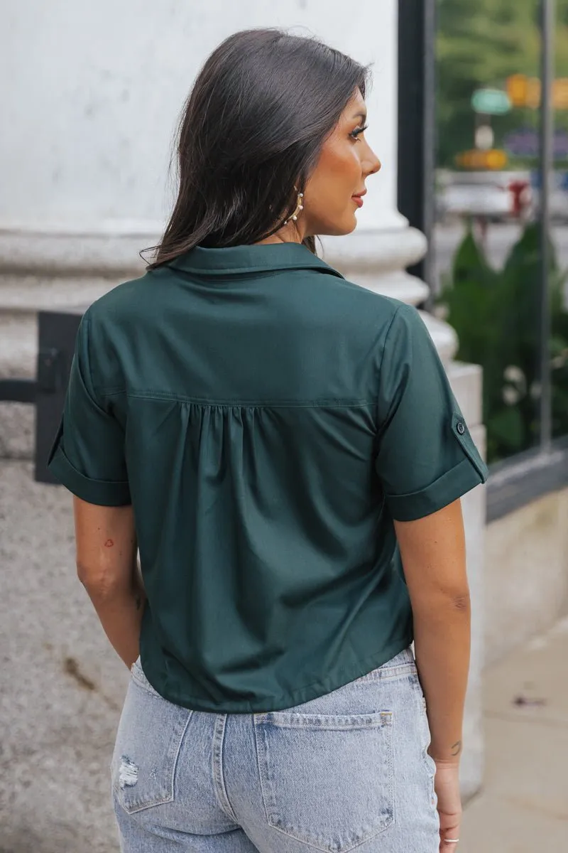 Forest Green Short Sleeve Button Down Top