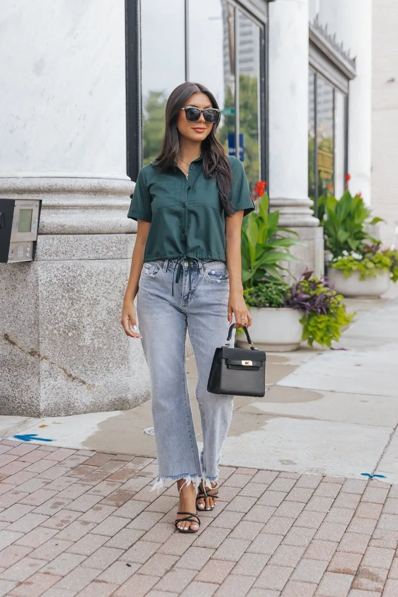 Forest Green Short Sleeve Button Down Top