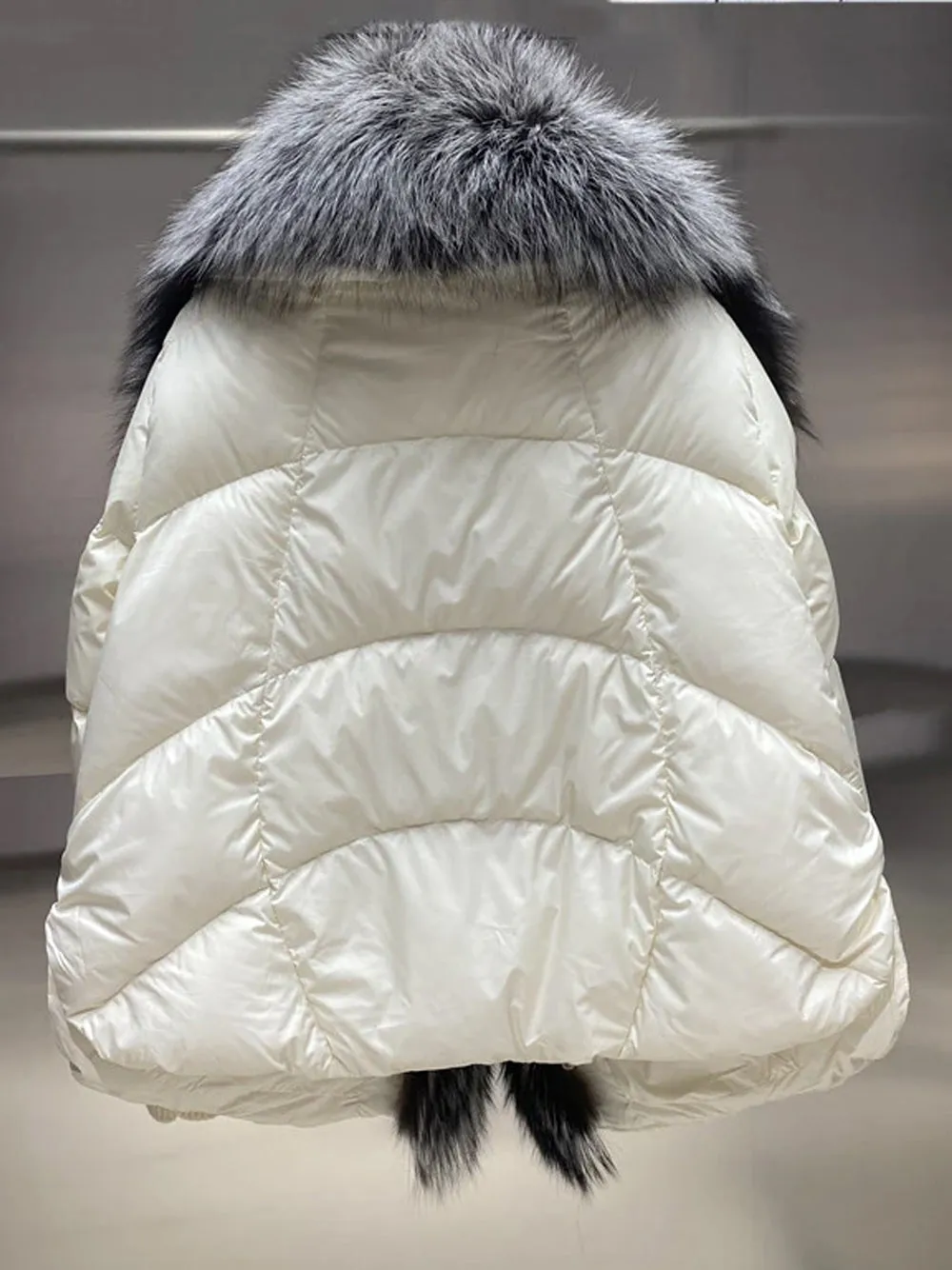 Fur Trim Puffer Jacket in Cream & Gray