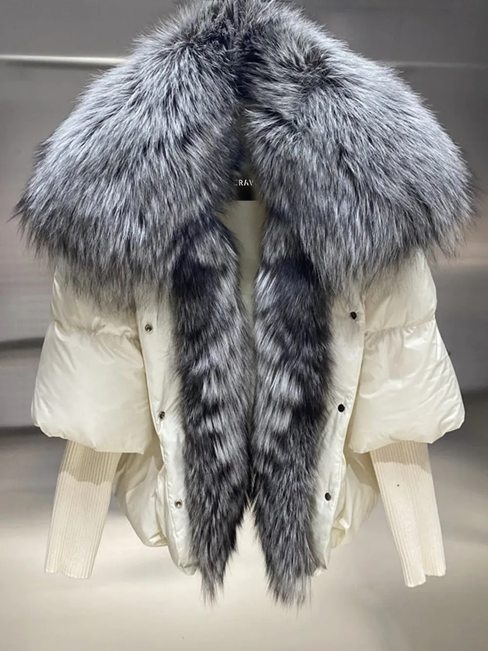 Fur Trim Puffer Jacket in Cream & Gray