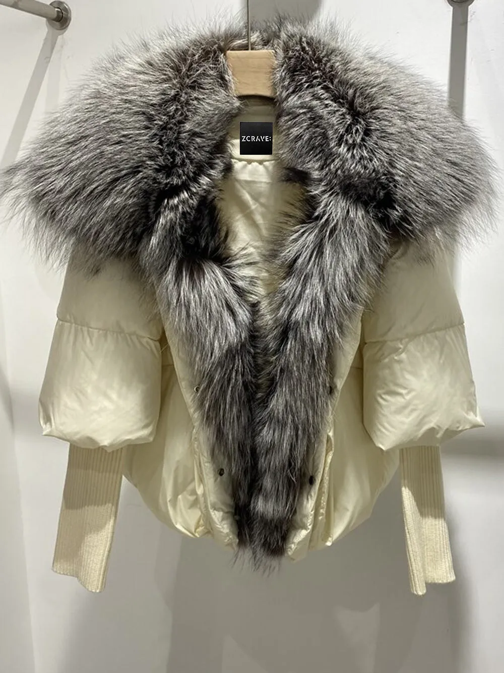 Fur Trim Puffer Jacket in Cream & Gray