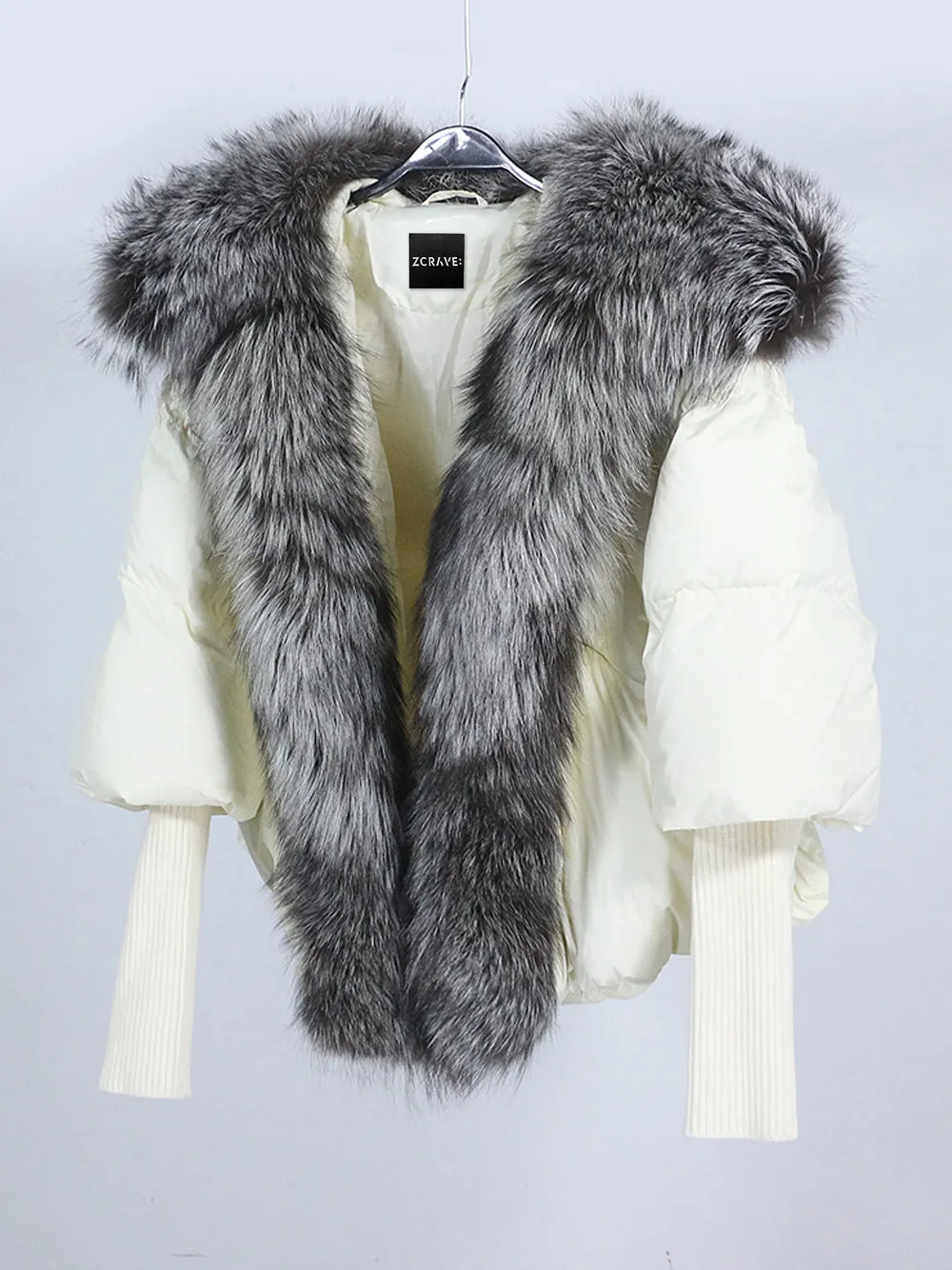 Fur Trim Puffer Jacket in Cream & Gray