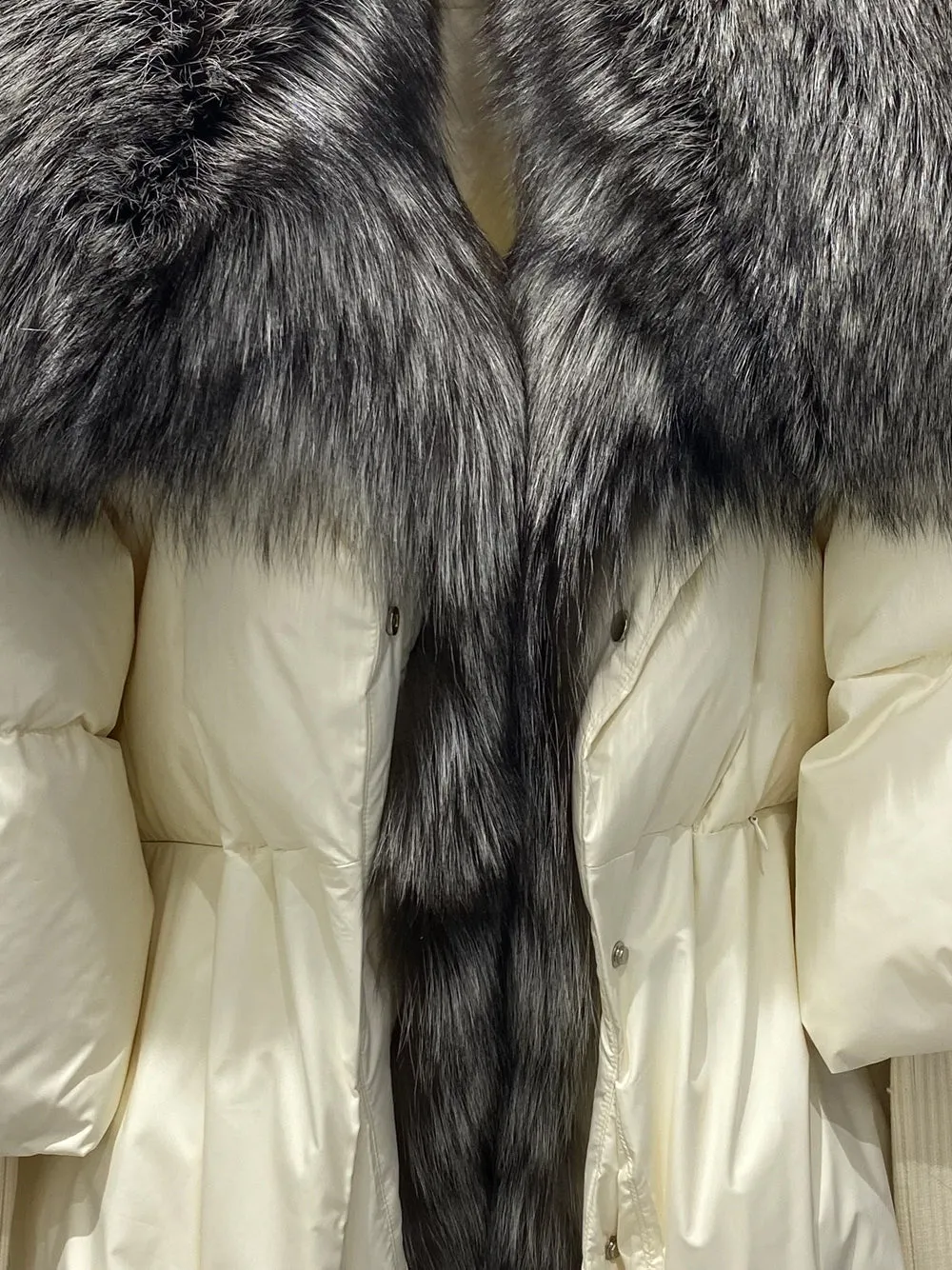 Fur Trim Puffer Jacket in Cream & Gray