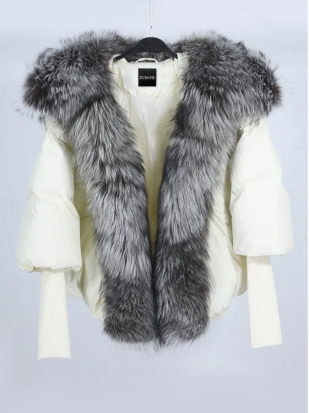 Fur Trim Puffer Jacket in Cream & Gray