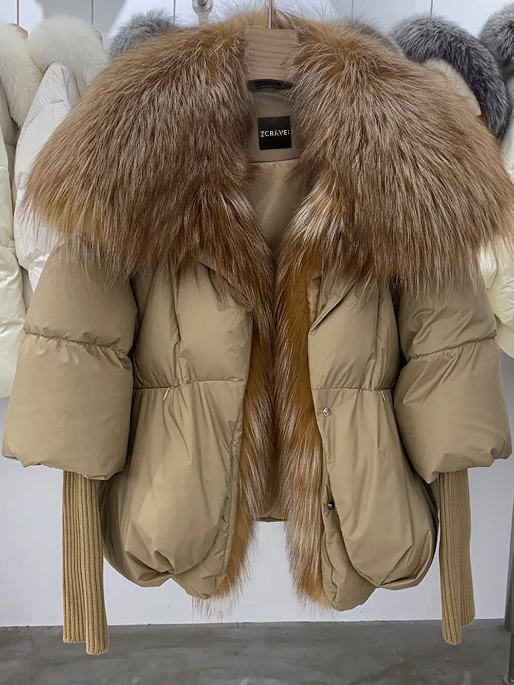 Fur Trim Puffer Jacket in Tan