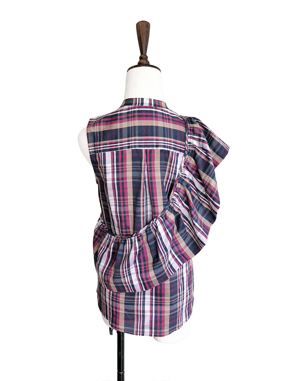 Further Sale! Plaid Prints Asymmetrical Ruffles Sleeveless Silky Blouse