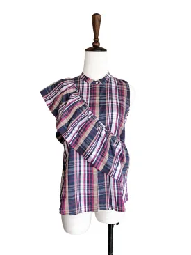 Further Sale! Plaid Prints Asymmetrical Ruffles Sleeveless Silky Blouse