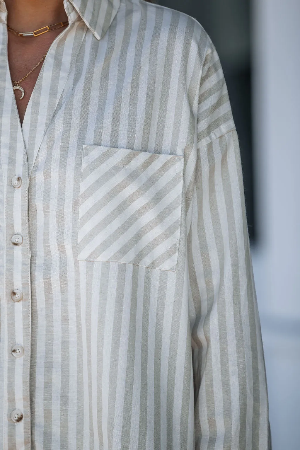 Grey and White Striped Button Down Shirt