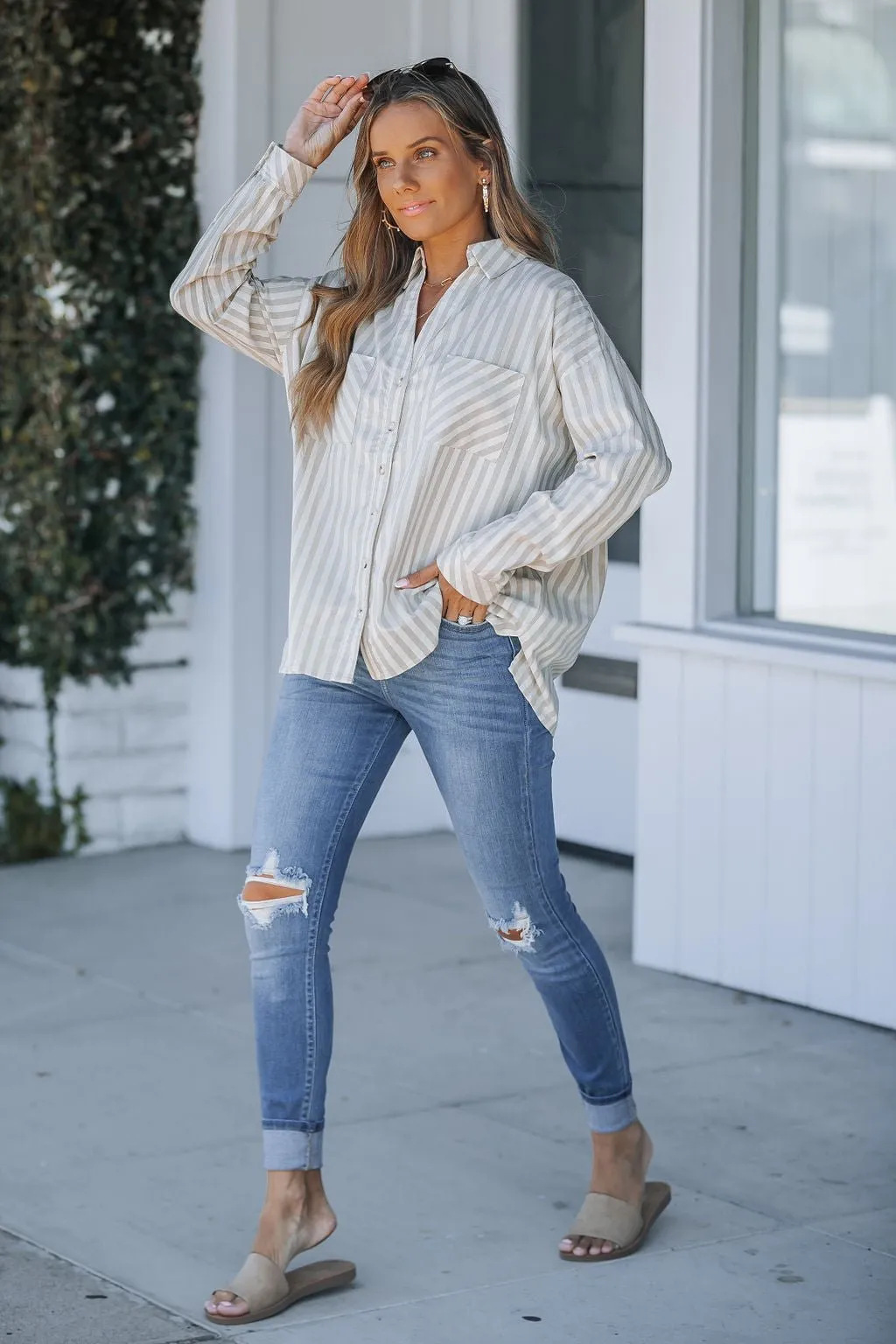 Grey and White Striped Button Down Shirt