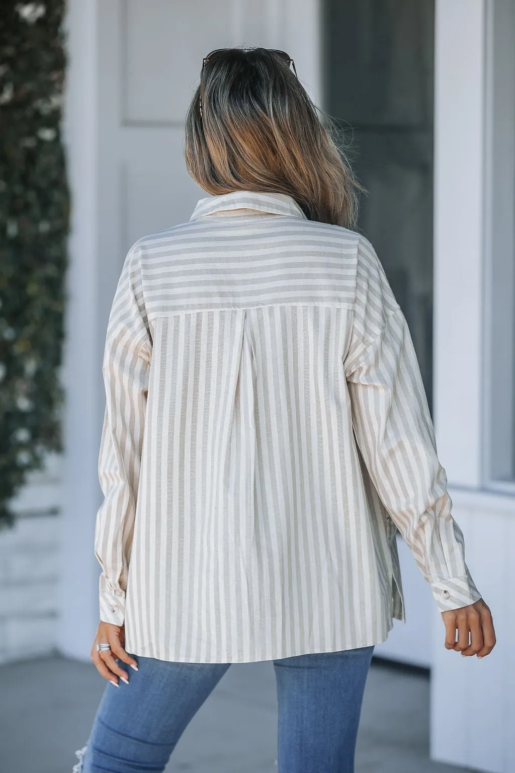 Grey and White Striped Button Down Shirt