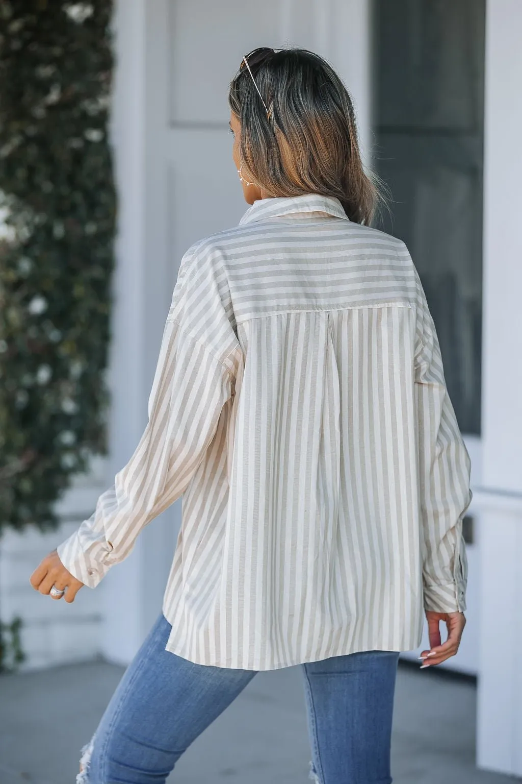 Grey and White Striped Button Down Shirt