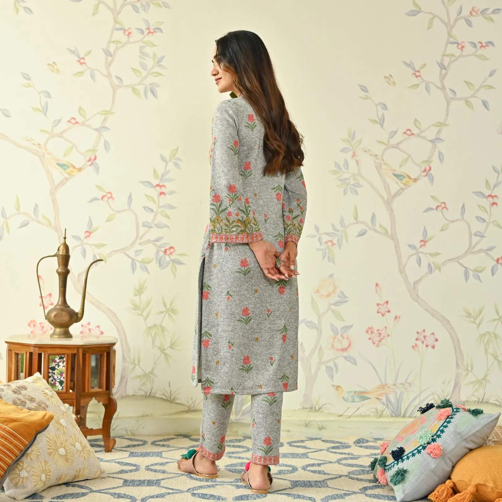 Ivory Floral Woollen Kurta with Bell Sleeves