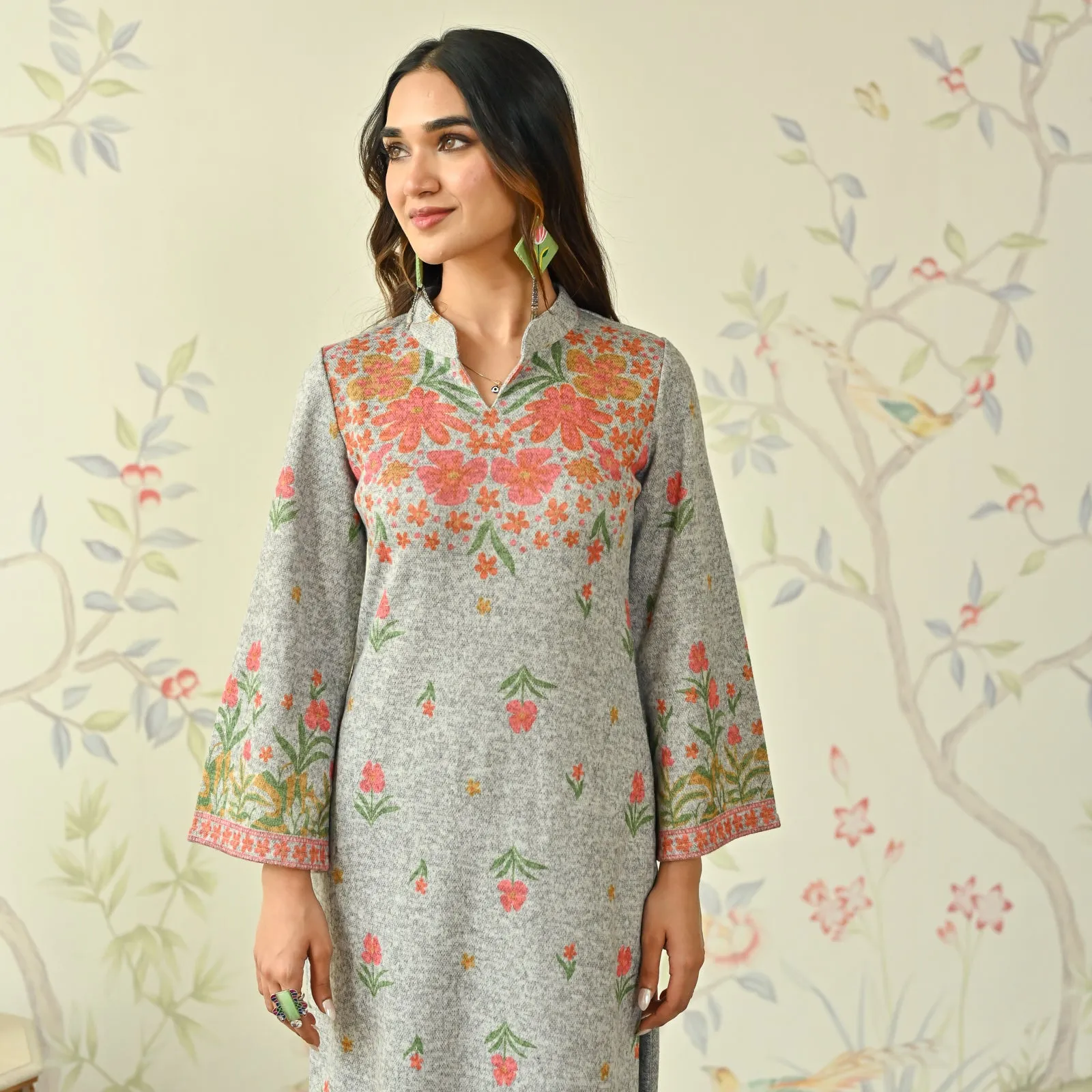 Ivory Floral Woollen Kurta with Bell Sleeves