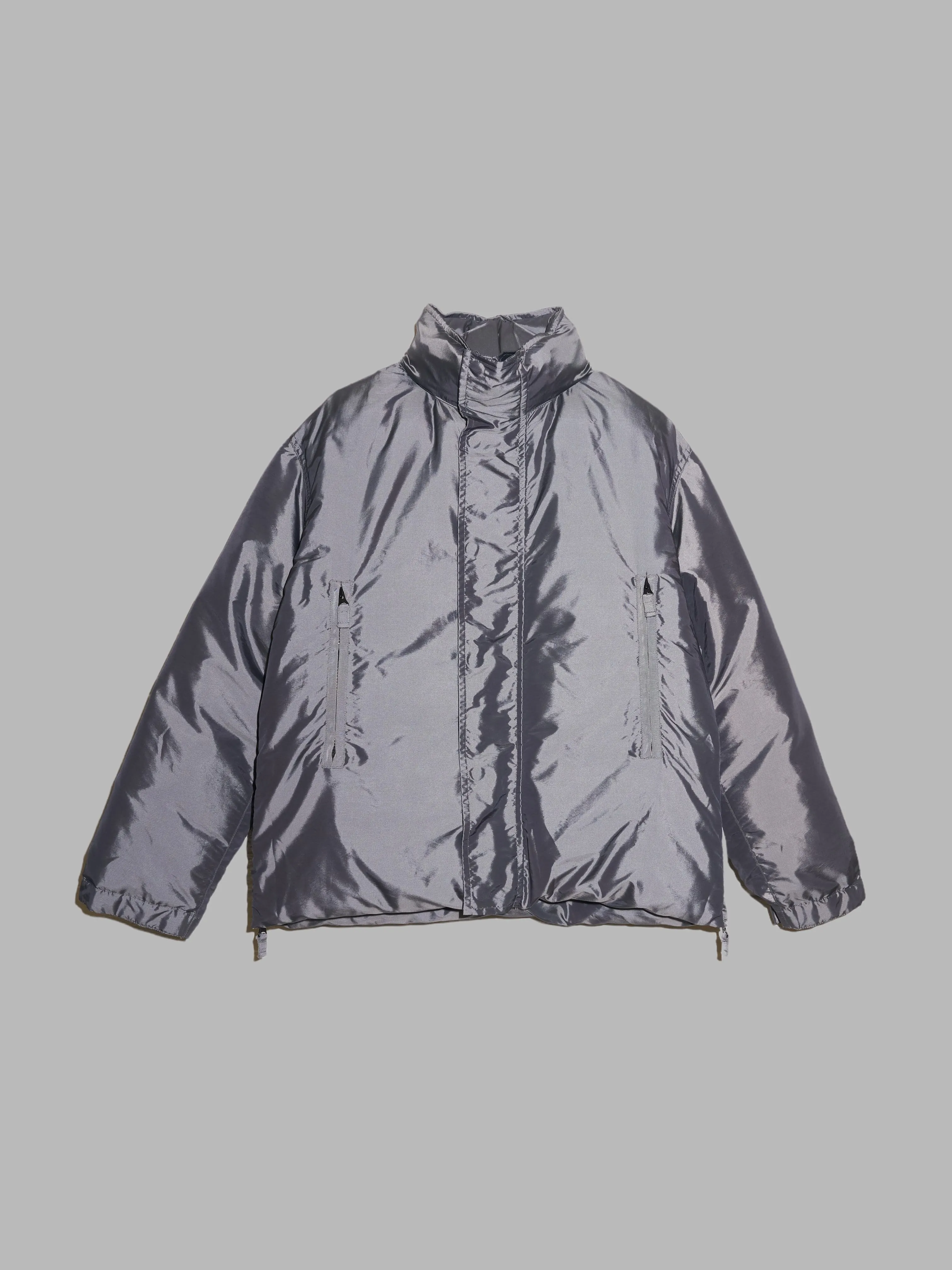 Kenzo Homme 1990s silver down puffer jacket with clear plastic hood