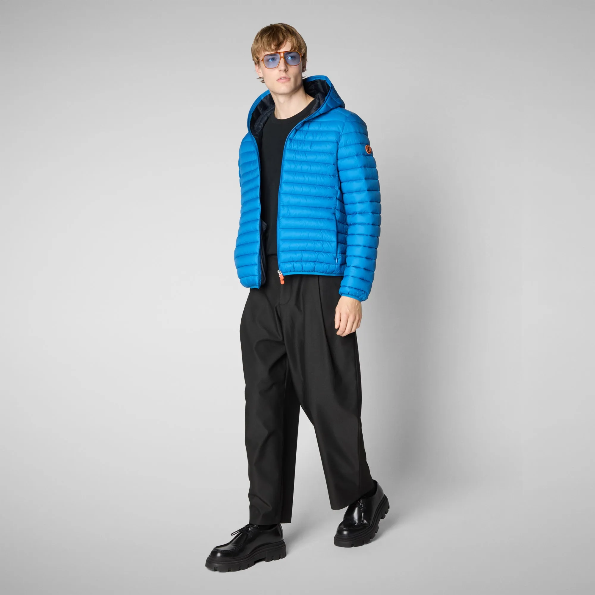 Man's animal free hooded puffer jacket Donald in blue berry