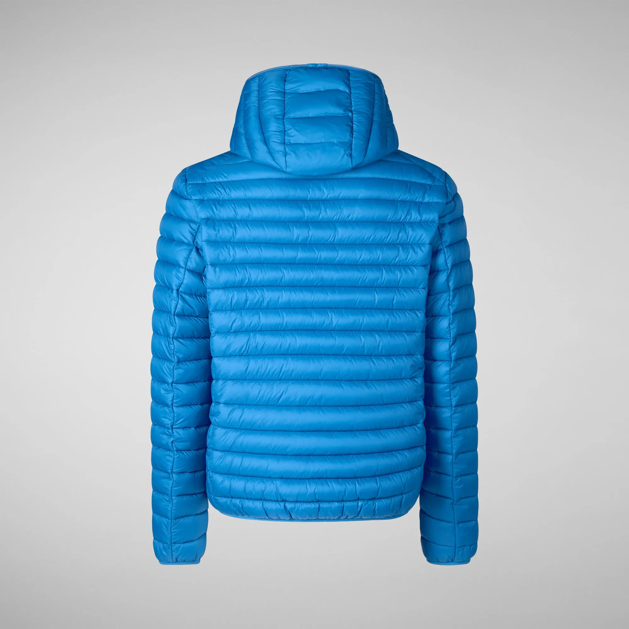 Man's animal free hooded puffer jacket Donald in blue berry