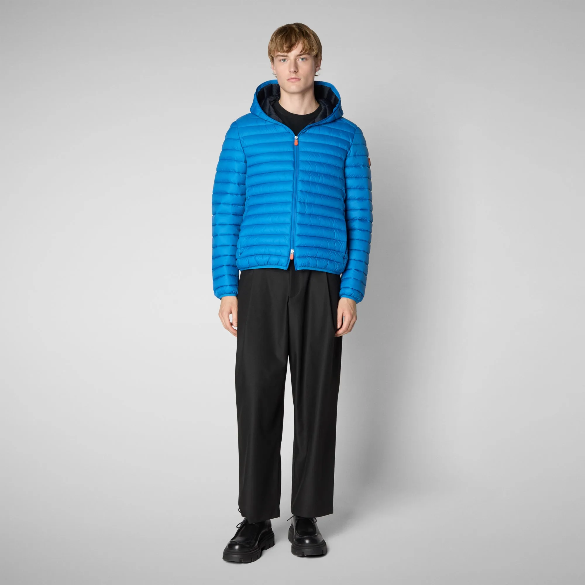 Man's animal free hooded puffer jacket Donald in blue berry