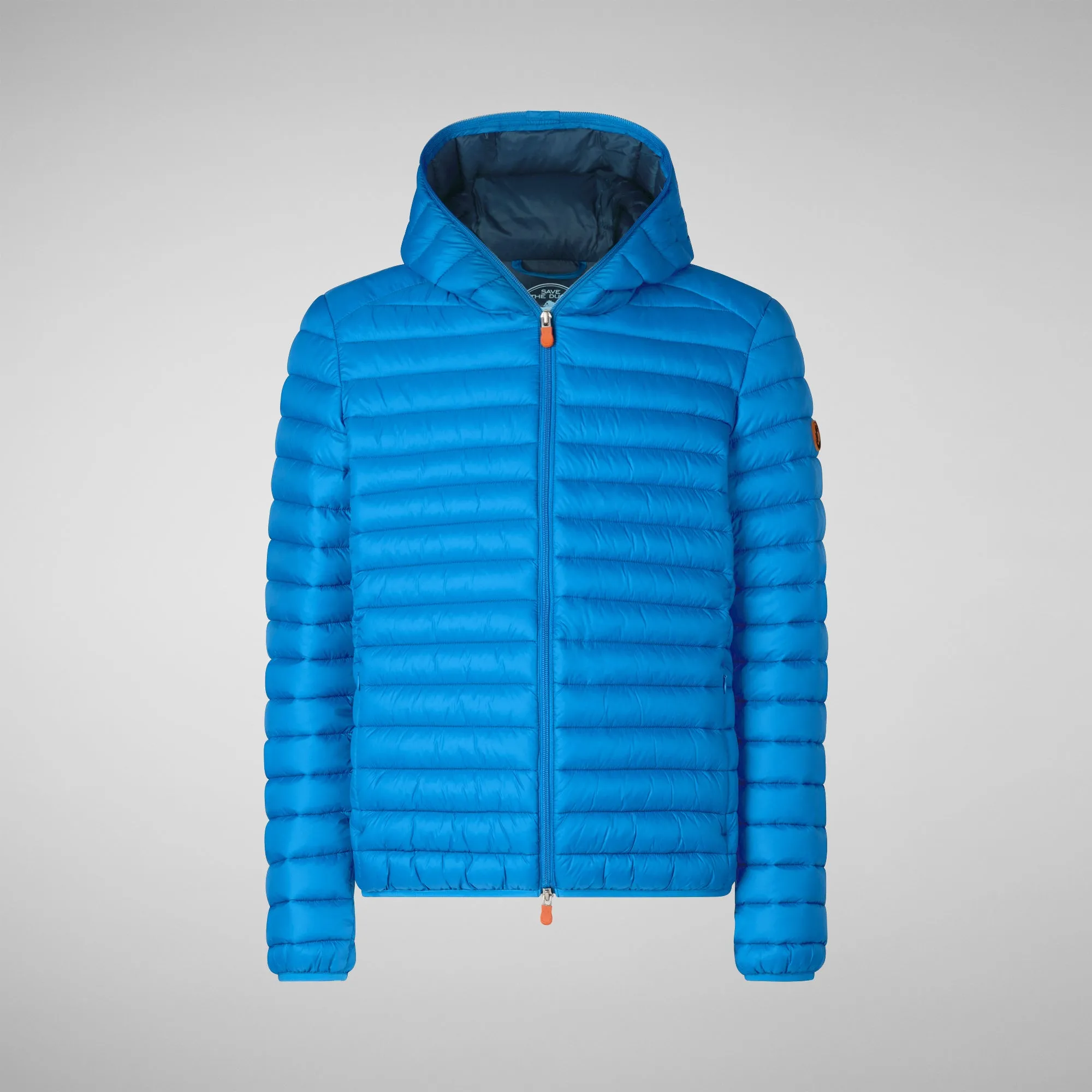 Man's animal free hooded puffer jacket Donald in blue berry