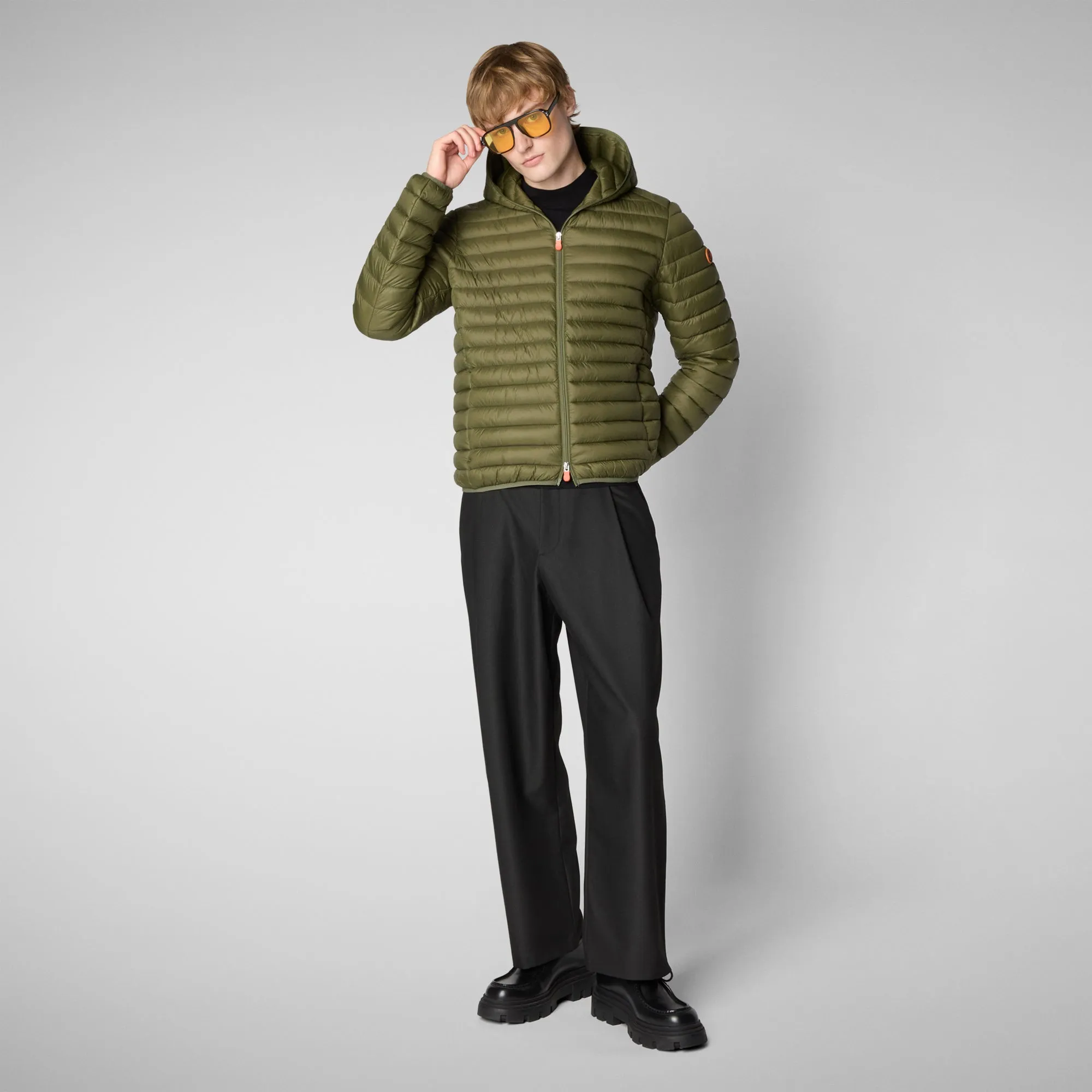 Man's animal free hooded puffer jacket Donald in dusty olive