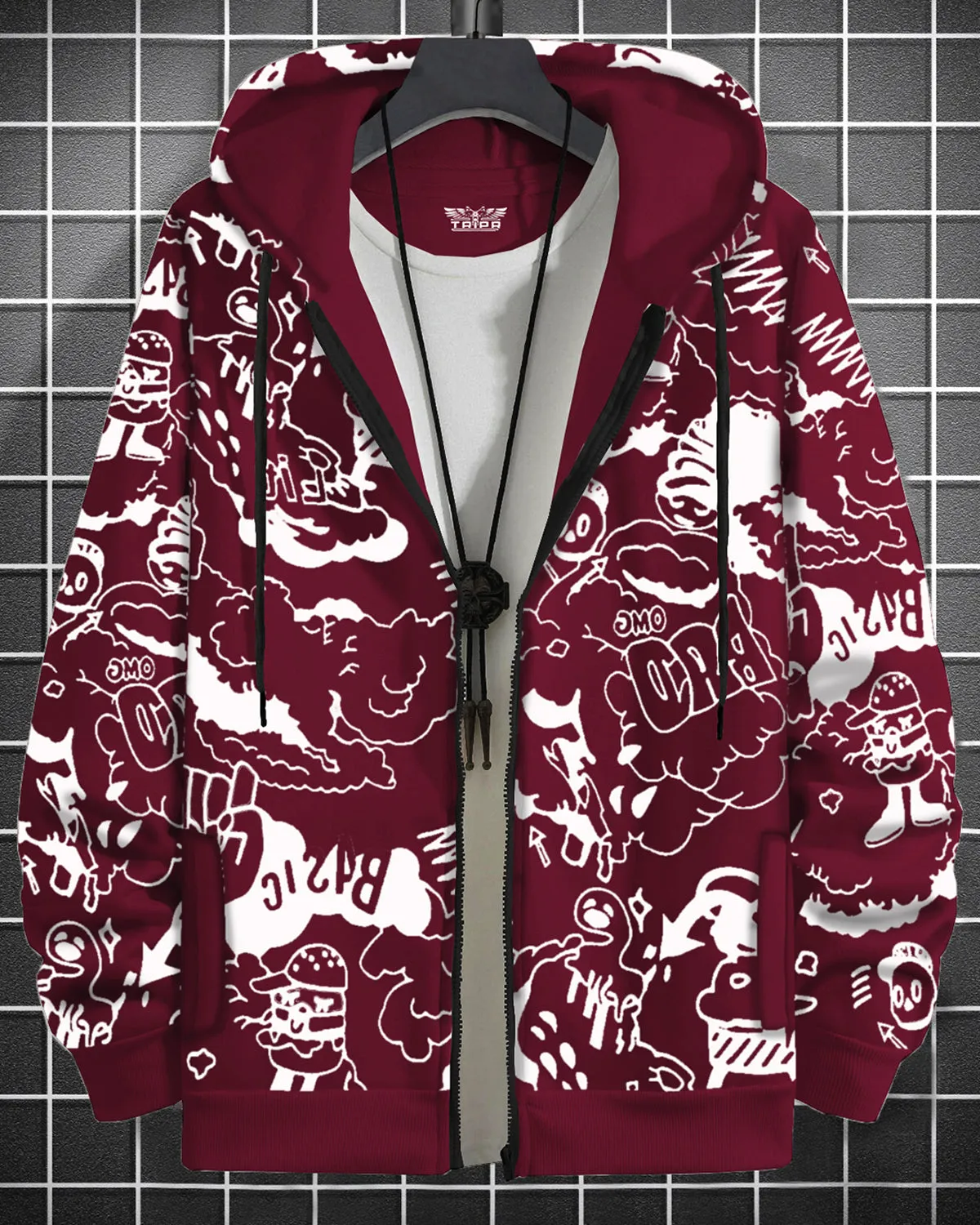 men comic Printed Maroon Jacket