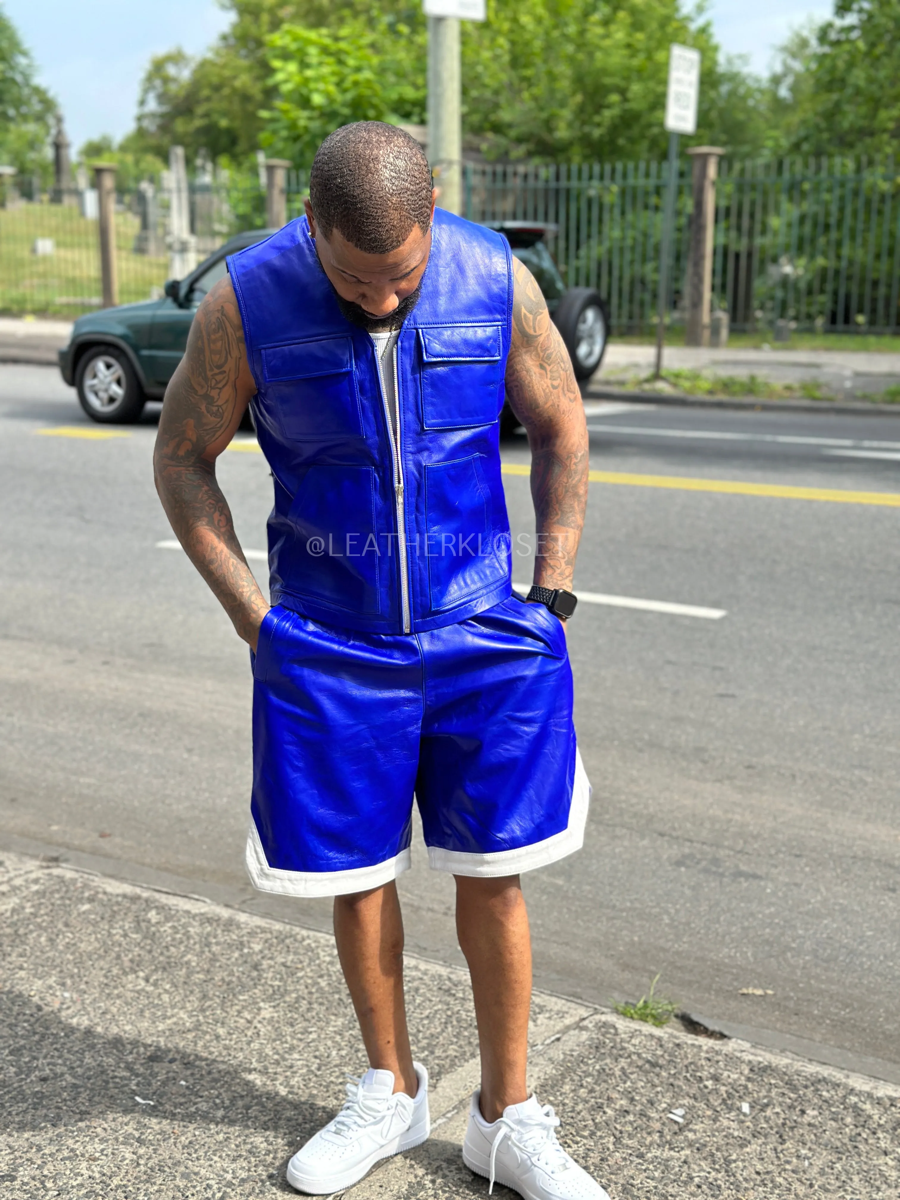 Men's 2 Live and Die Vest With Leather Shorts [Royal Blue]