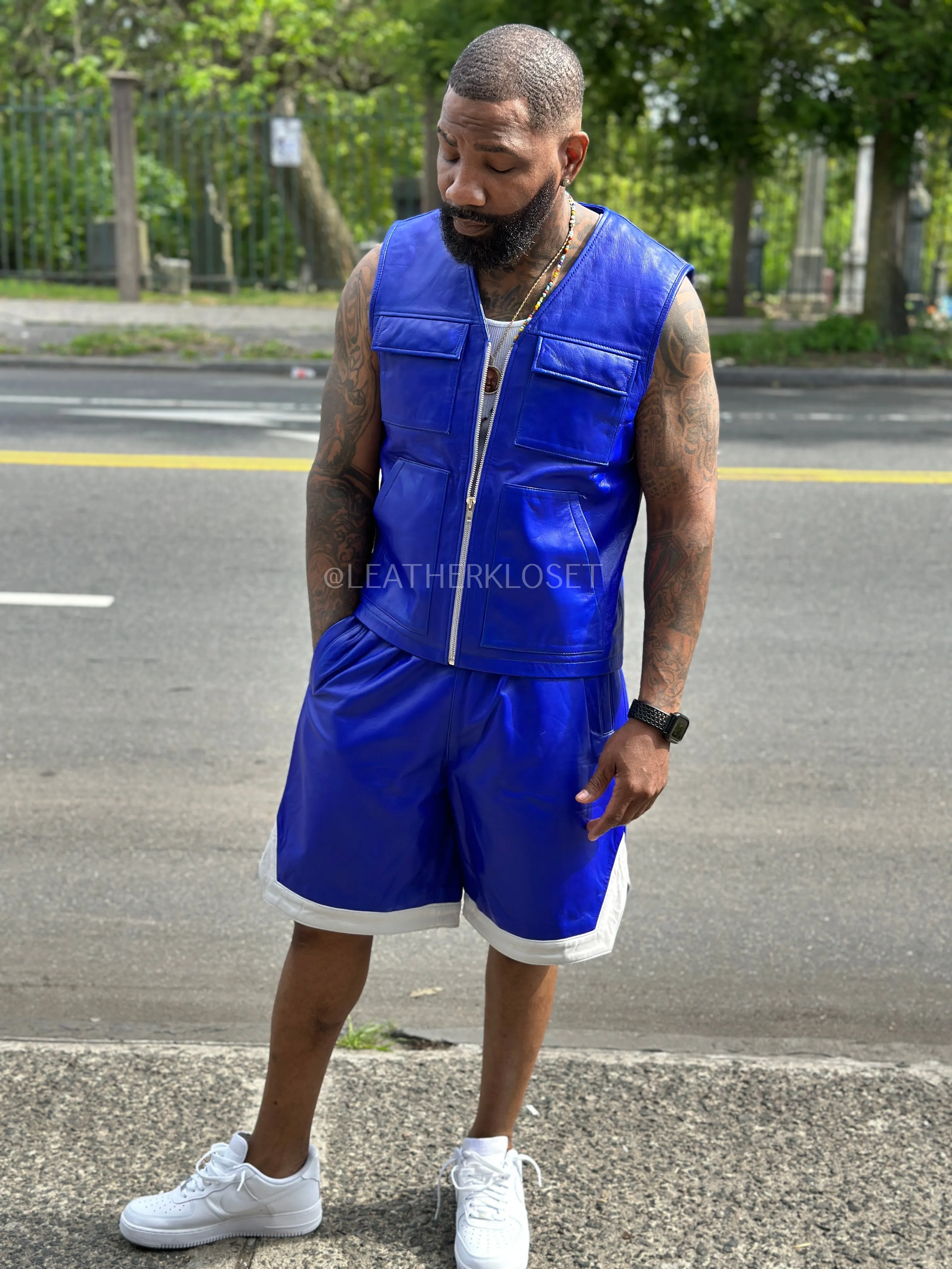 Men's 2 Live and Die Vest With Leather Shorts [Royal Blue]