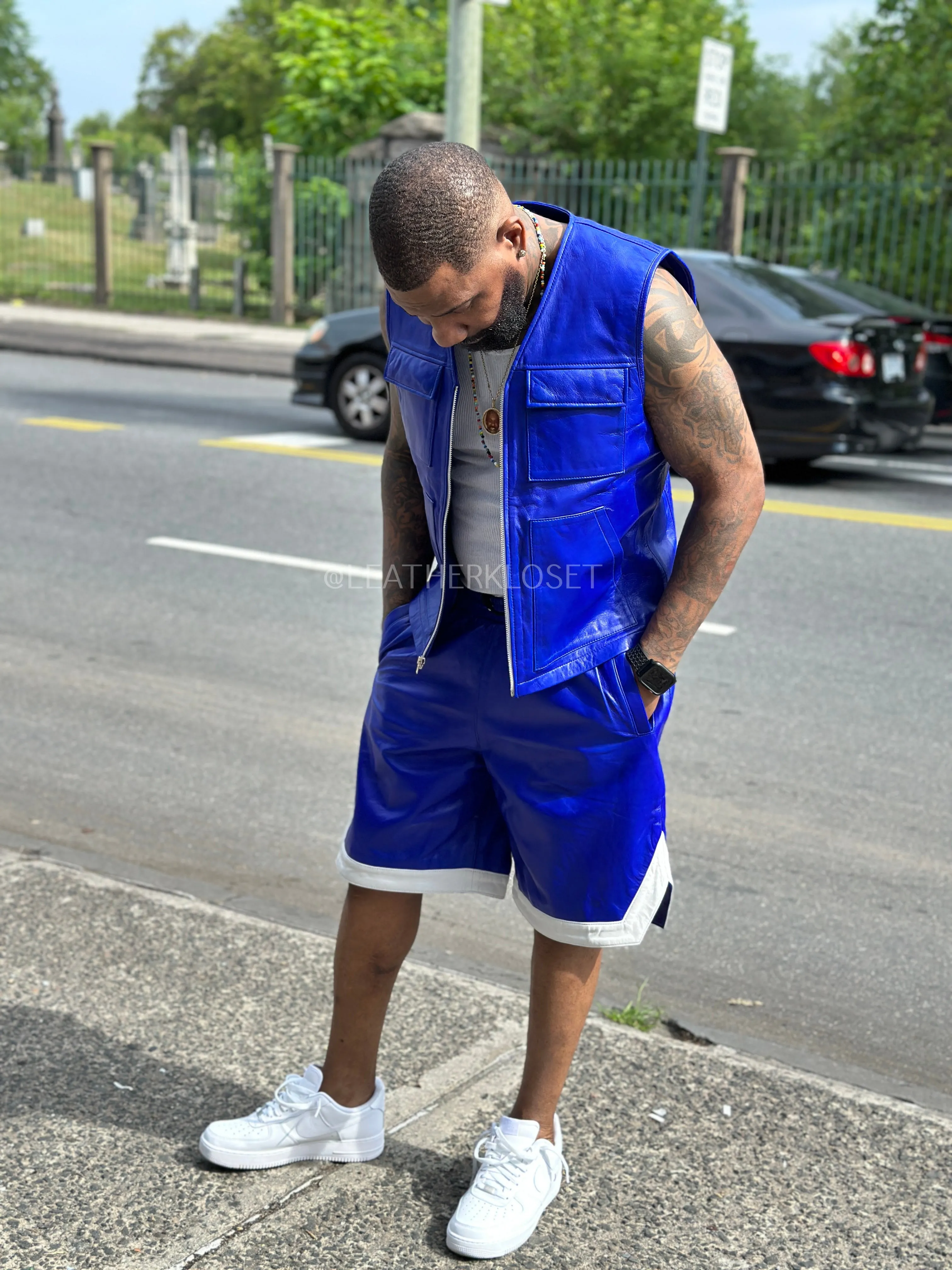 Men's 2 Live and Die Vest With Leather Shorts [Royal Blue]