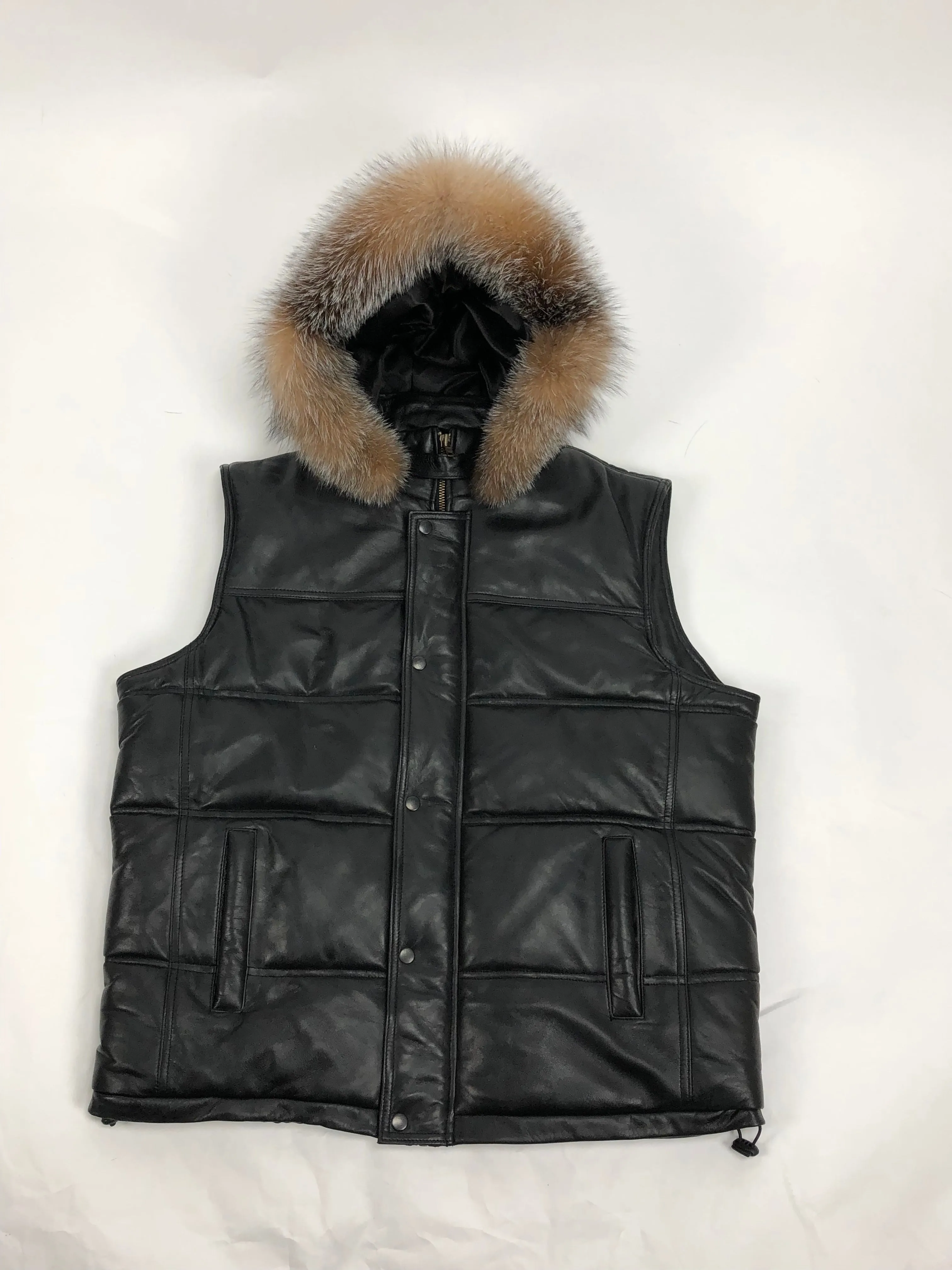 Men's Leather Bubble Vest With Premium Fox Fur Hood