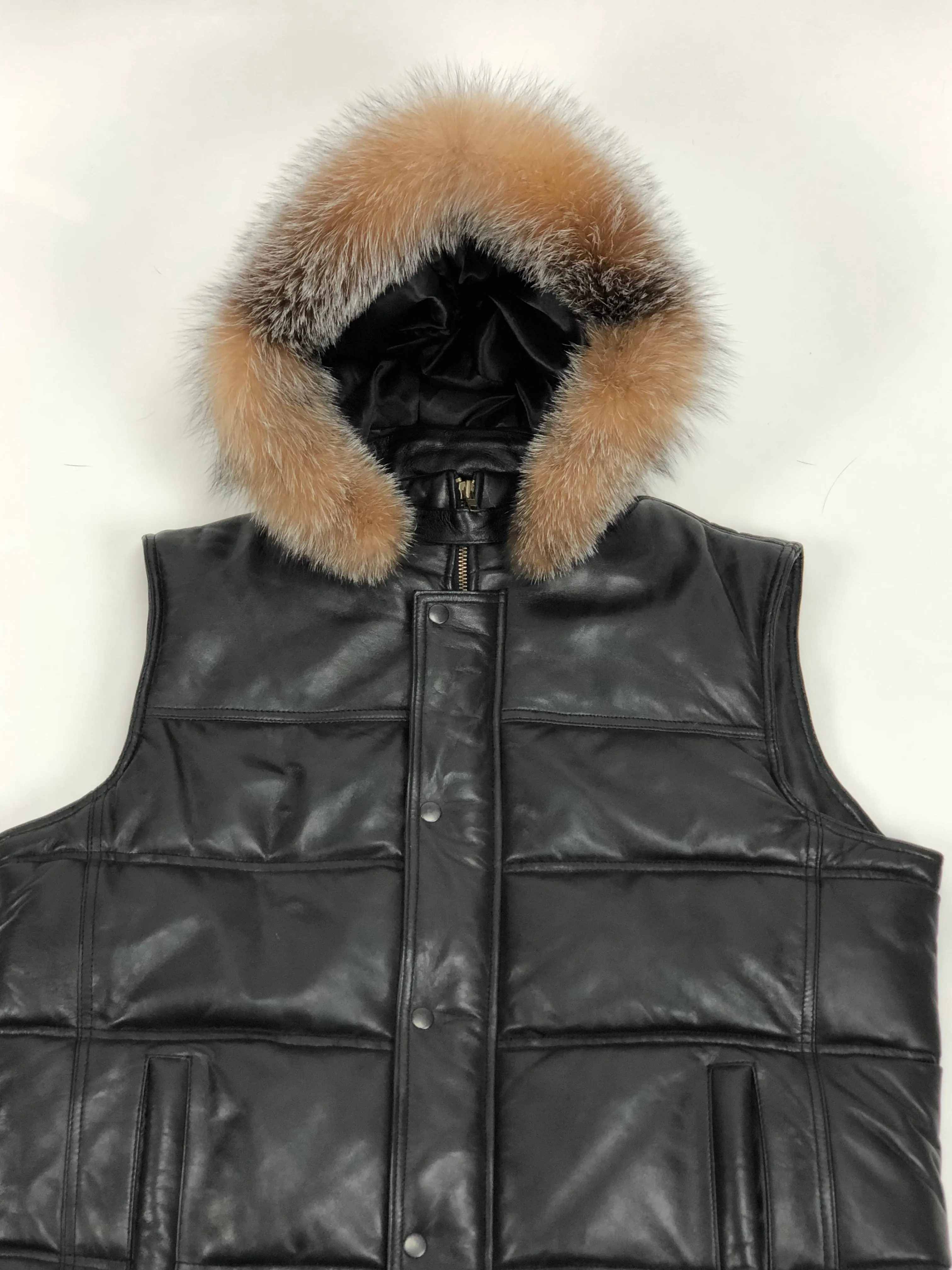 Men's Leather Bubble Vest With Premium Fox Fur Hood