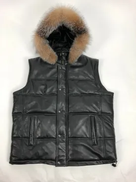 Men's Leather Bubble Vest With Premium Fox Fur Hood