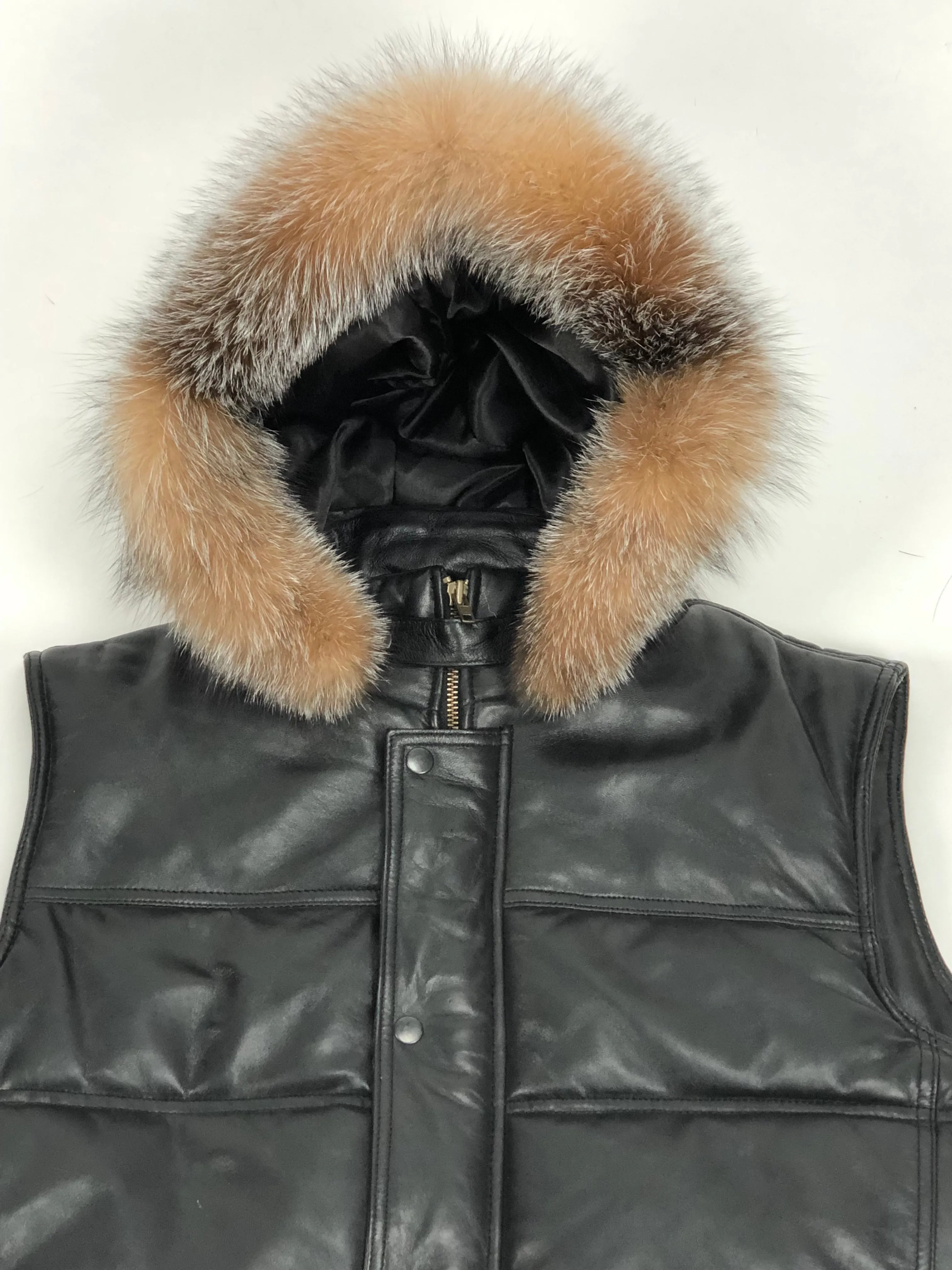 Men's Leather Bubble Vest With Premium Fox Fur Hood