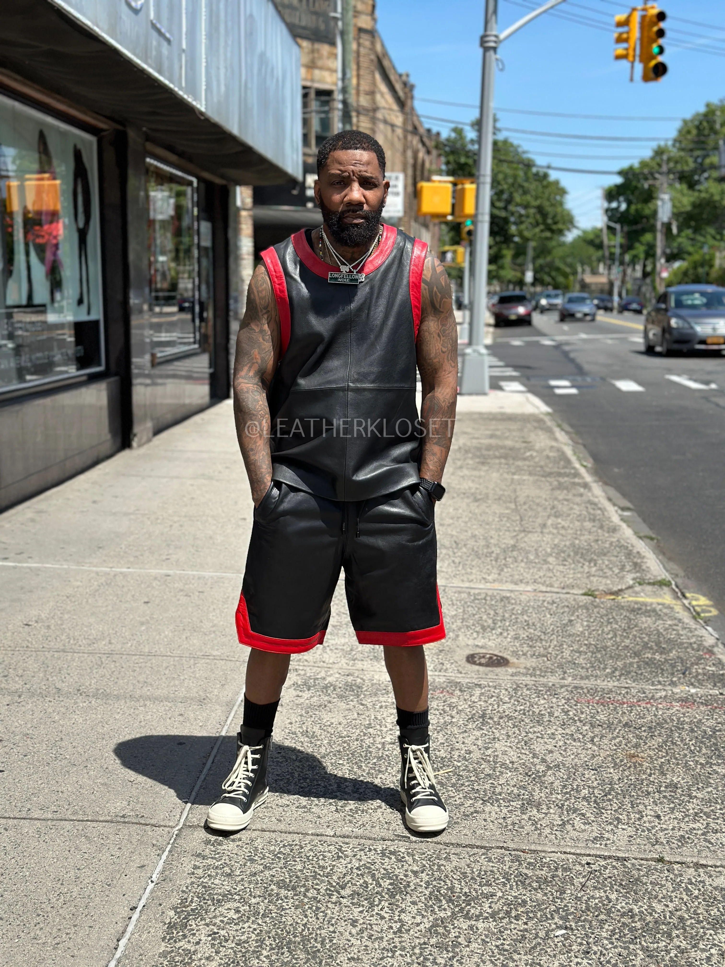 Men's Leather Crossover Leather Basketball Jersey [Black/Red]