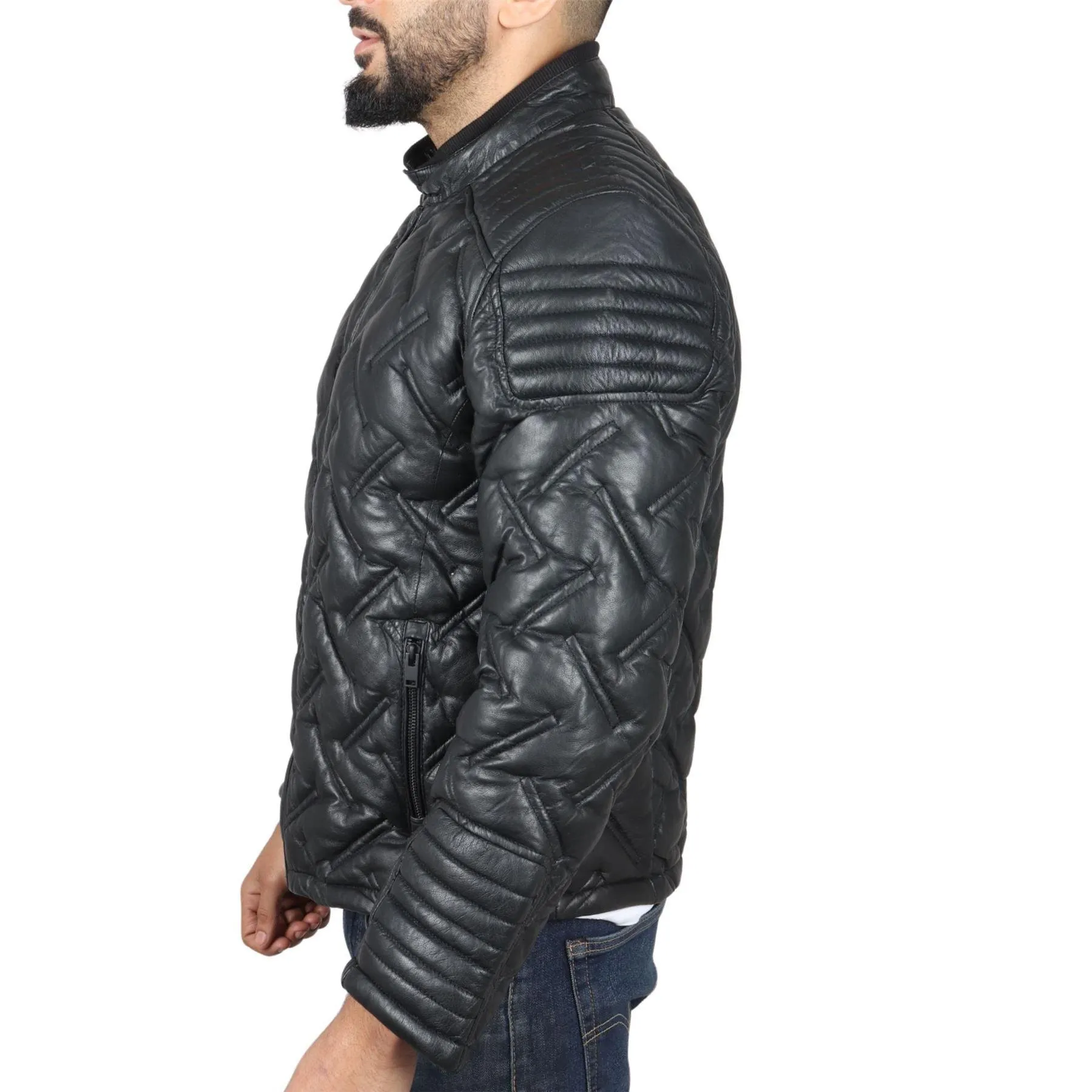 Men's Quilted Puffer Padded Biker Motorcycle Style Real Leather Jacket