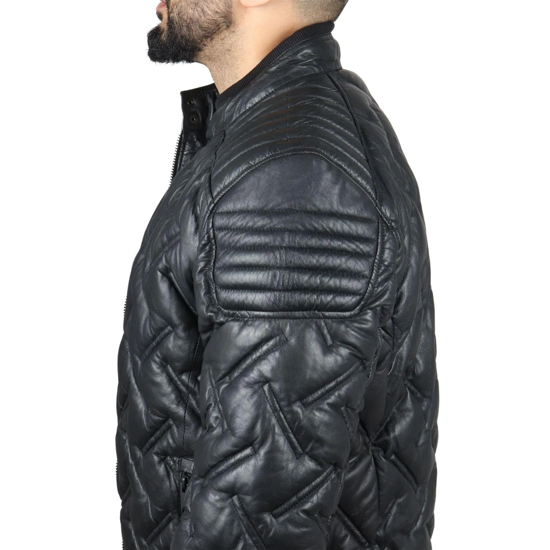 Men's Quilted Puffer Padded Biker Motorcycle Style Real Leather Jacket