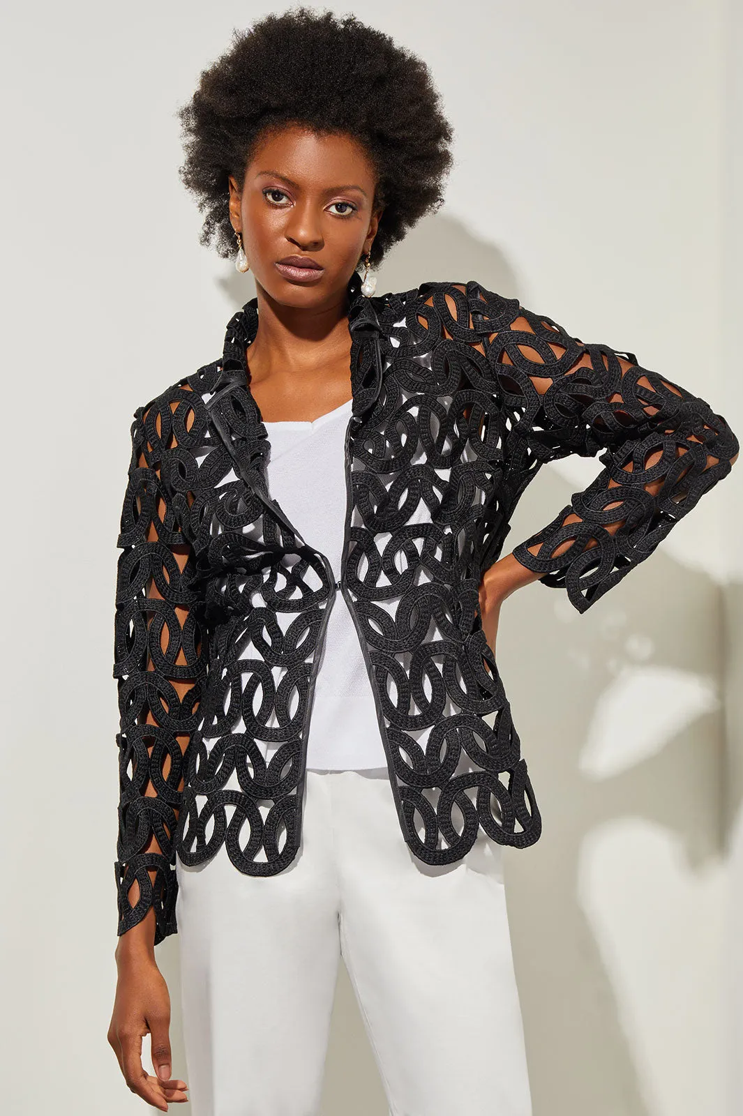 Notch Lapel Jacket - Cage Cutout Novelty Woven