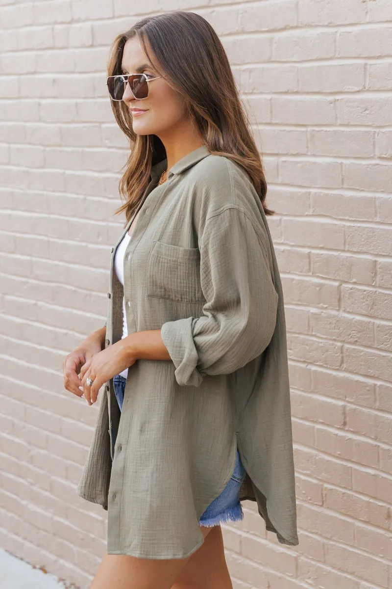 Olive Slit Button Down Shirt