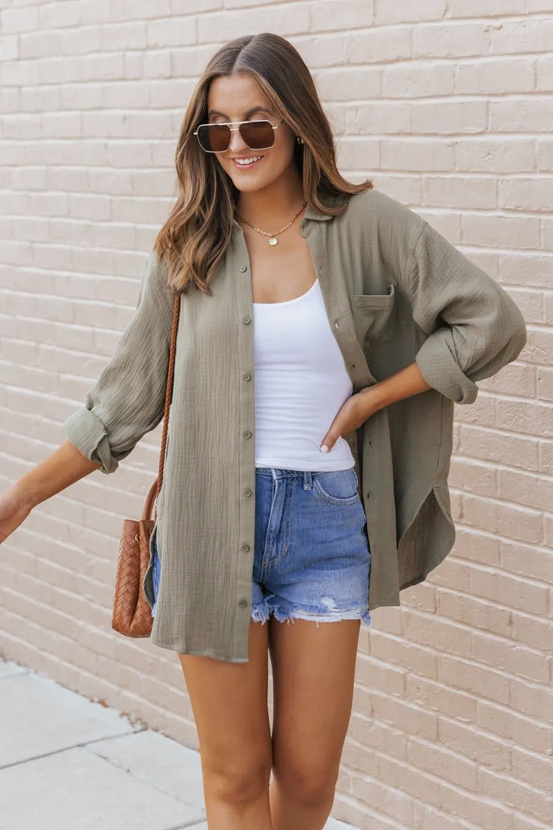 Olive Slit Button Down Shirt