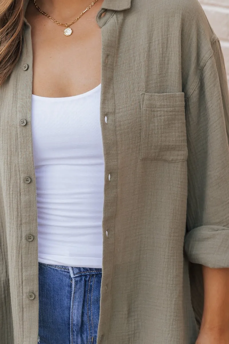 Olive Slit Button Down Shirt