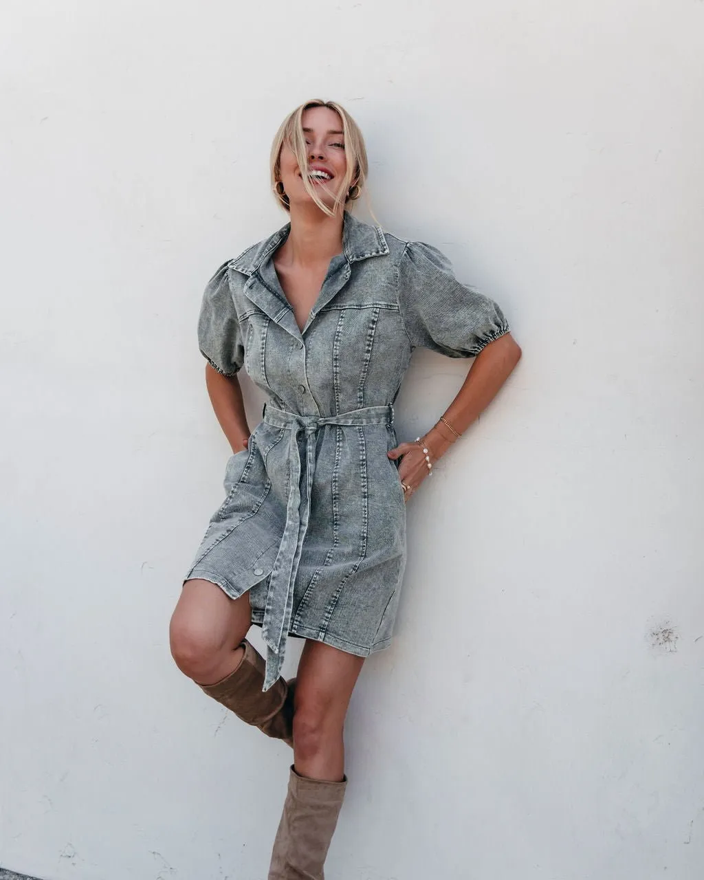 Olive Washed Button Down Mini Dress