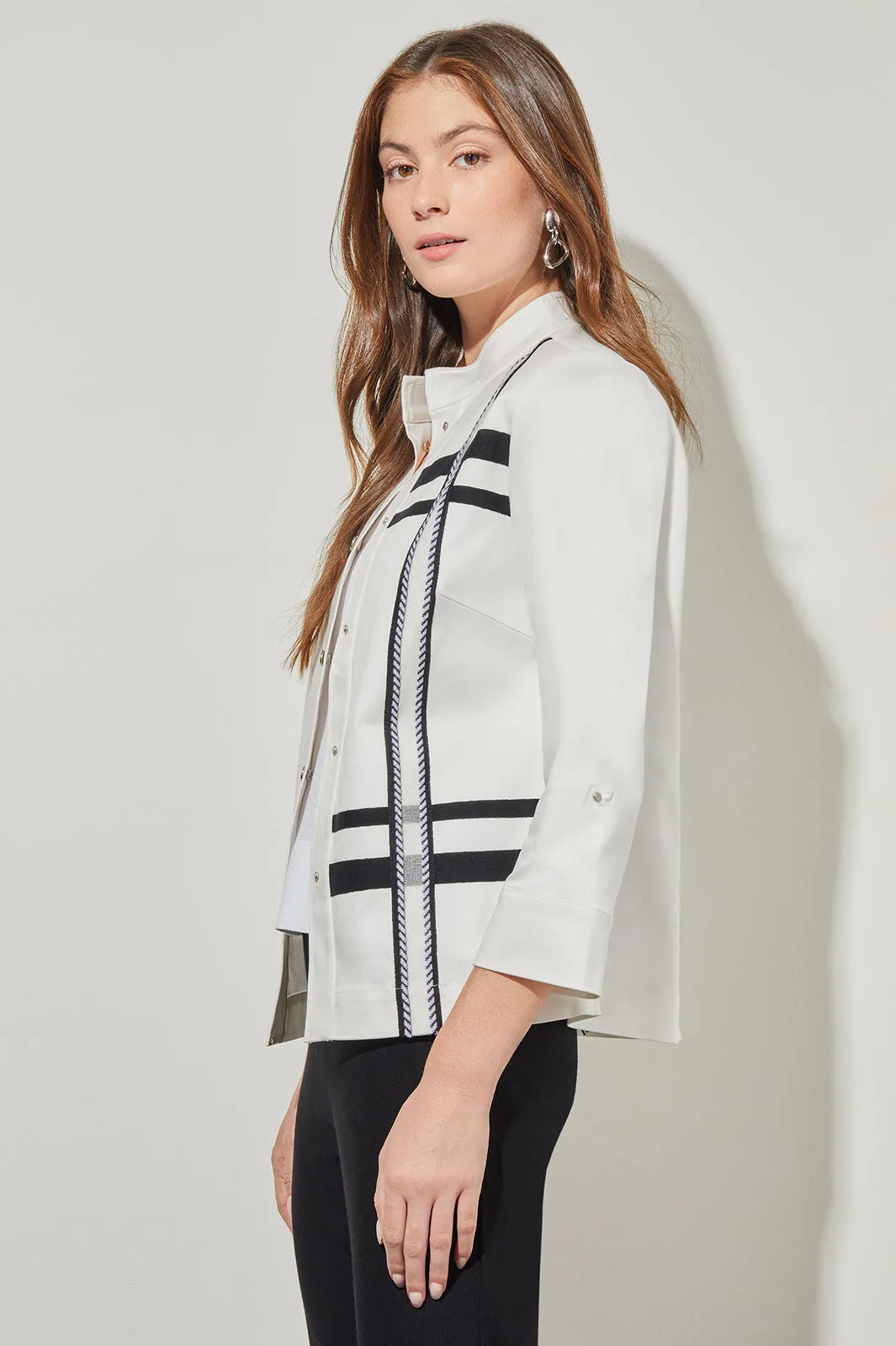 Plus Size Stand Collar Jacket - Mixed-Media Cotton Tencel