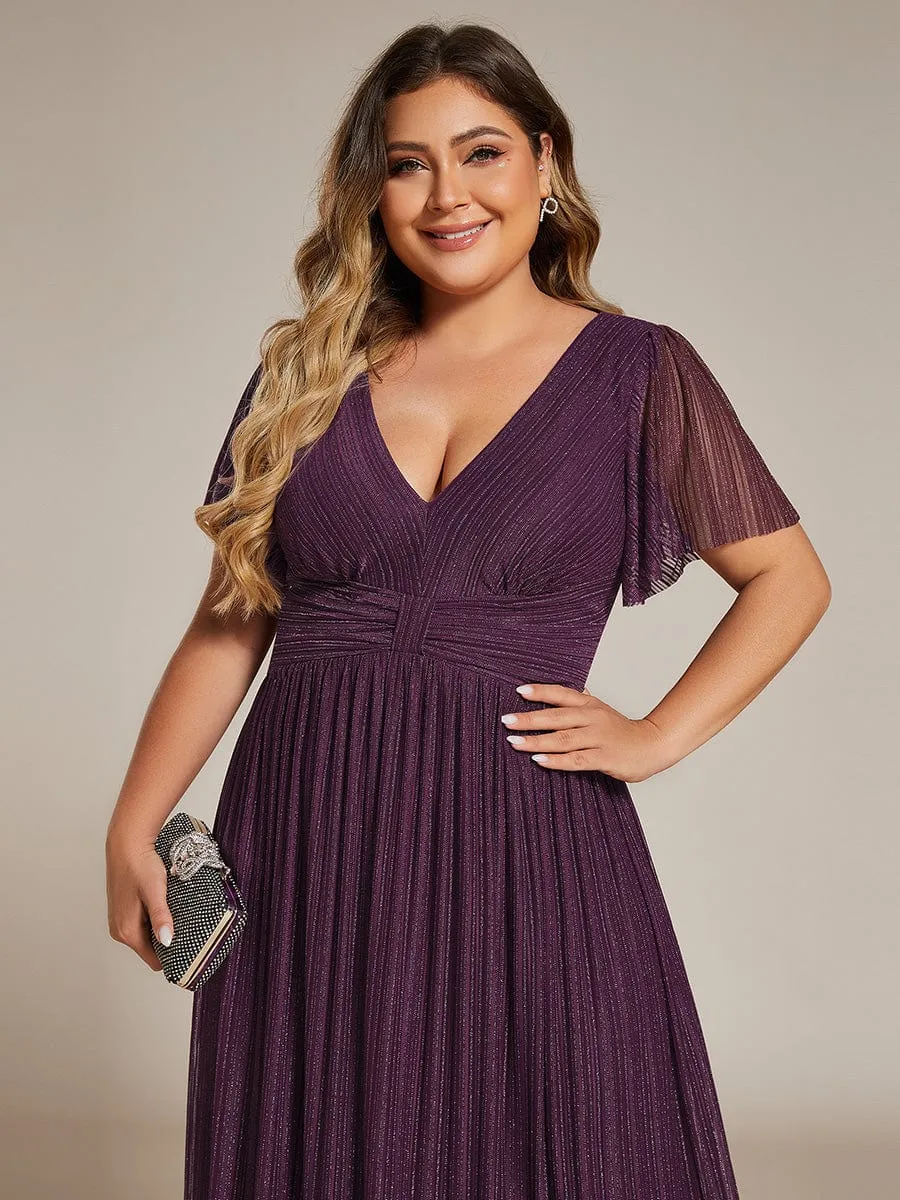 Plus Size V-Neck Glittery Short Sleeves Formal Evening Dress with Empire Waist