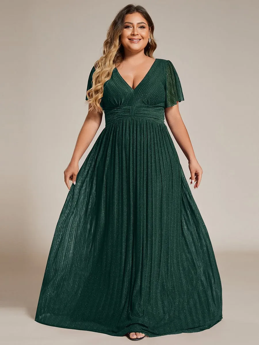 Plus Size V-Neck Glittery Short Sleeves Formal Evening Dress with Empire Waist