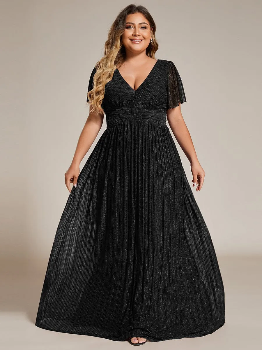 Plus Size V-Neck Glittery Short Sleeves Formal Evening Dress with Empire Waist