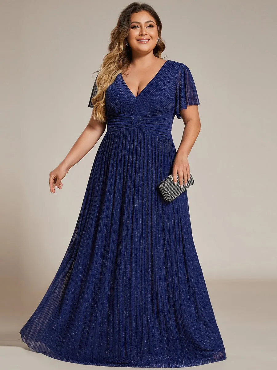 Plus Size V-Neck Glittery Short Sleeves Formal Evening Dress with Empire Waist