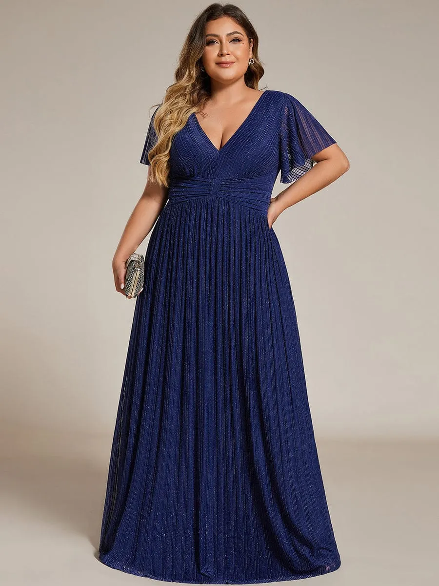 Plus Size V-Neck Glittery Short Sleeves Formal Evening Dress with Empire Waist