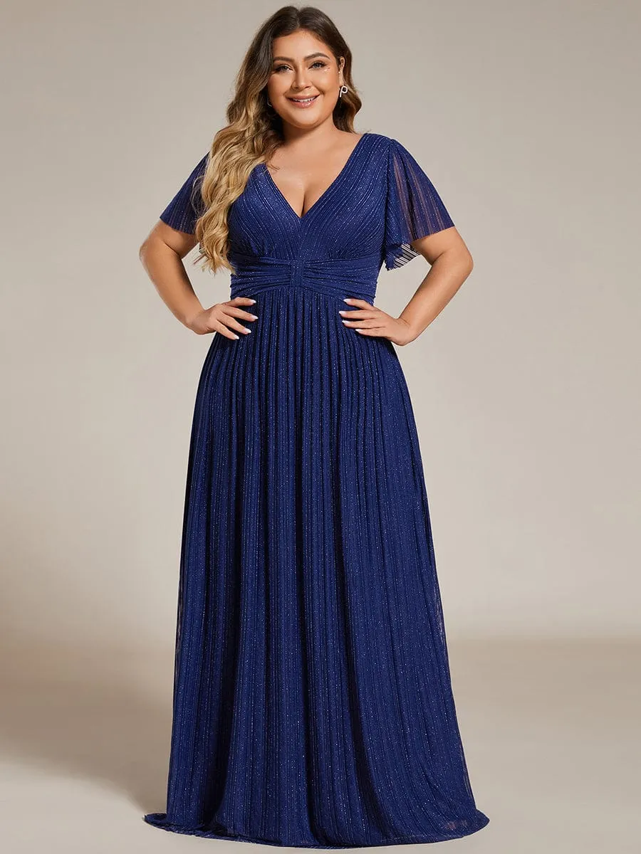 Plus Size V-Neck Glittery Short Sleeves Formal Evening Dress with Empire Waist