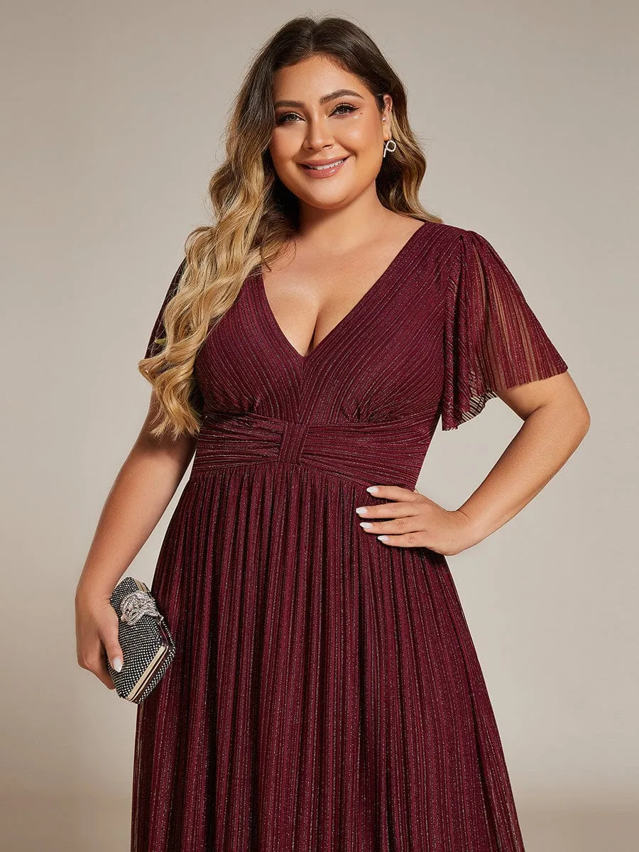 Plus Size V-Neck Glittery Short Sleeves Formal Evening Dress with Empire Waist