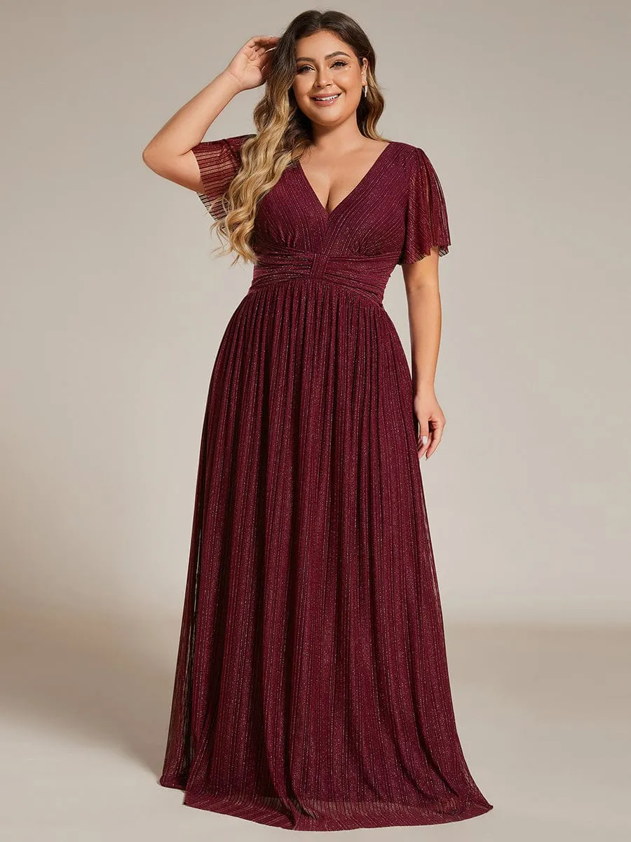 Plus Size V-Neck Glittery Short Sleeves Formal Evening Dress with Empire Waist